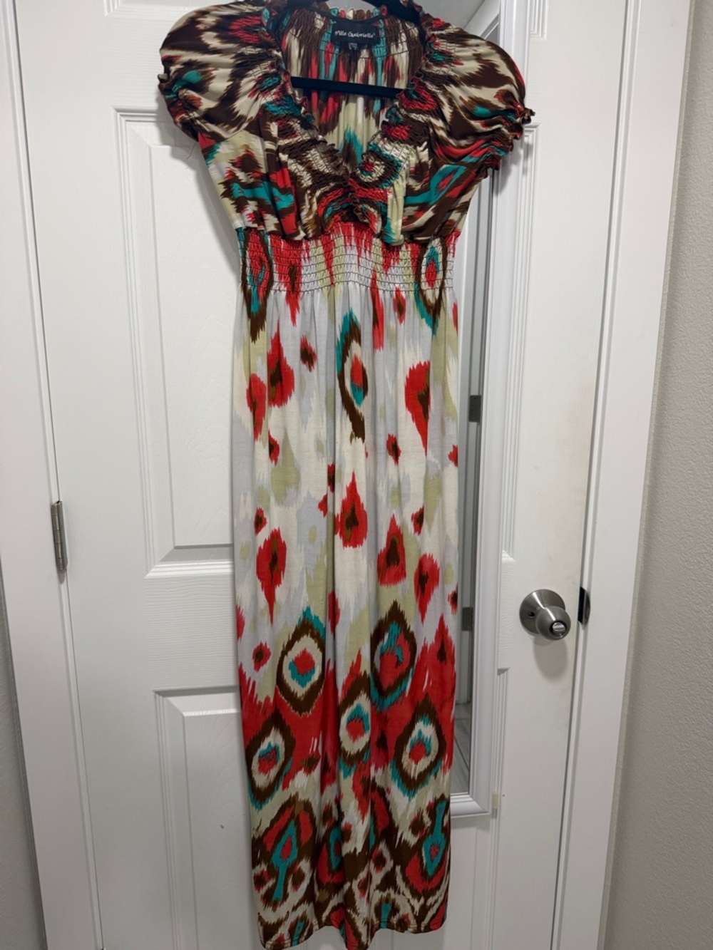 Mlle Gabrielle Brown Turquoise Red Ikat Top with Smocked Neckline